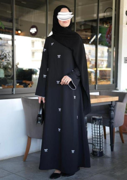New White Bow Embroidered Abaya with stoller