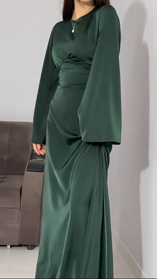 DARKGREEN Silk Adjustable Bodycon Maxi Dress – Elegant Silky Fit with Custom Waist Design