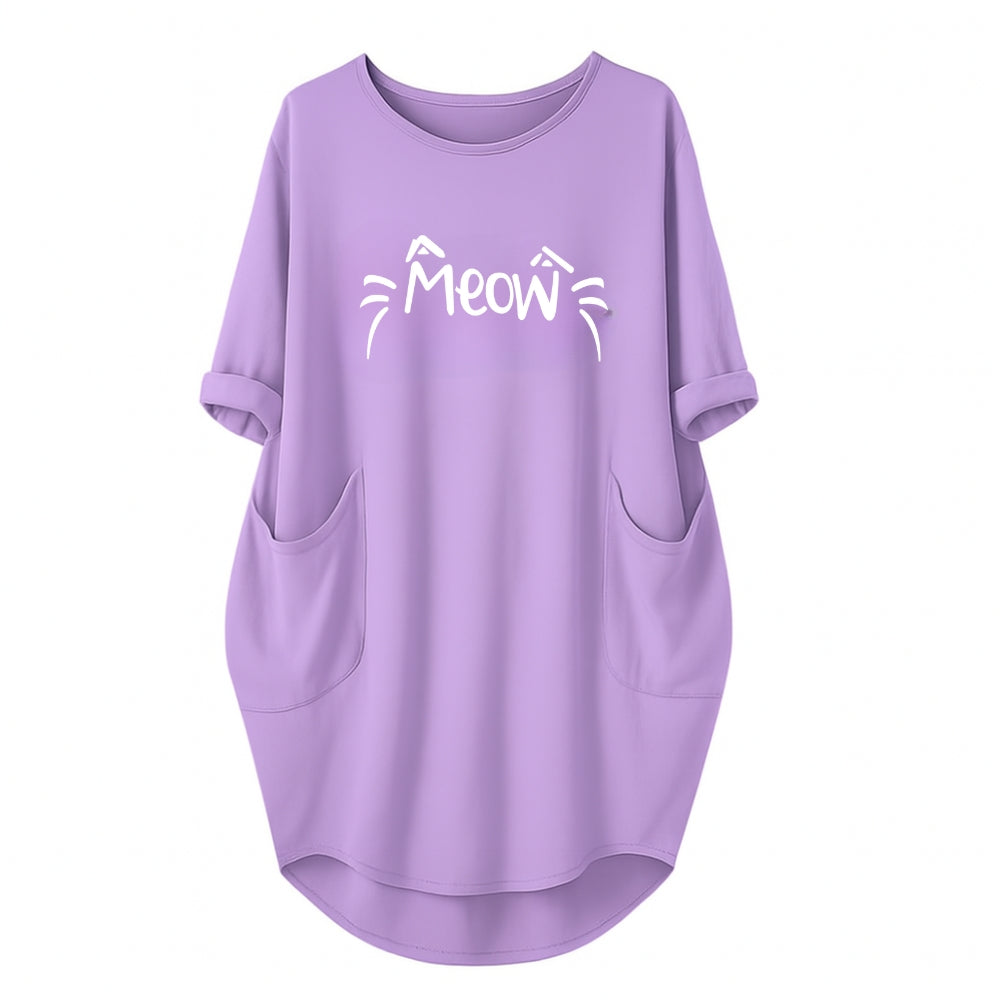 Lilac / Lavender Meow Printed Long Tee