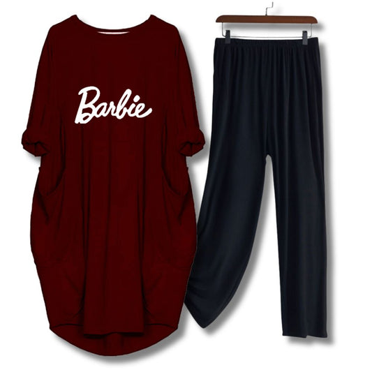 Maroon Barbie Printed Long Tee And Cotton Loose Pant