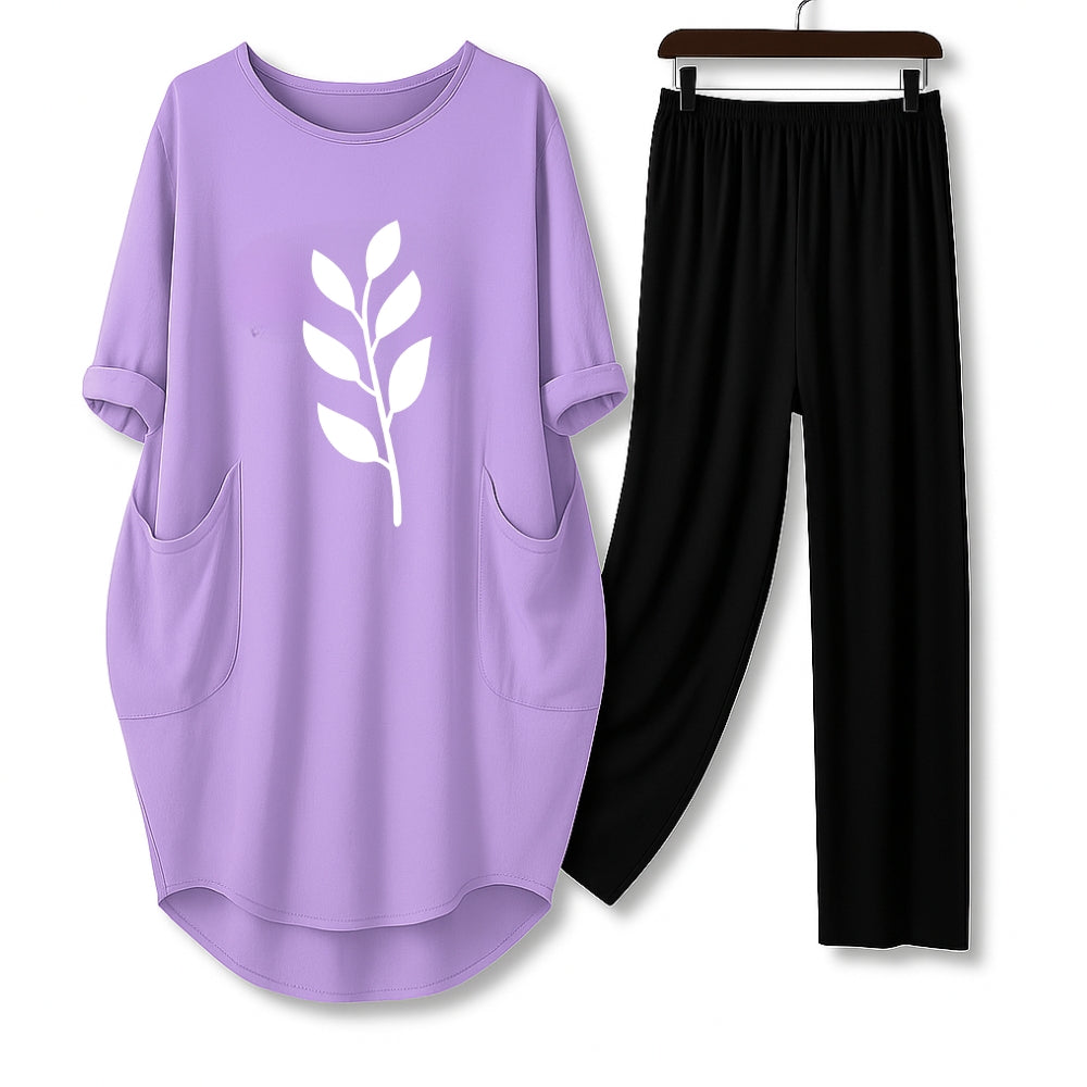 Lilac / Lavender Leaf Printed Long Tee And Cotton Loose Pant