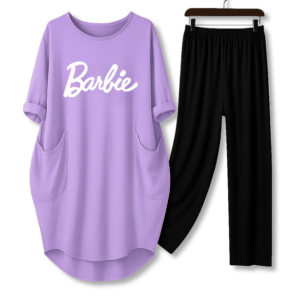 Lilac / Lavender Barbie Printed Long Tee And Cotton Loose Pant