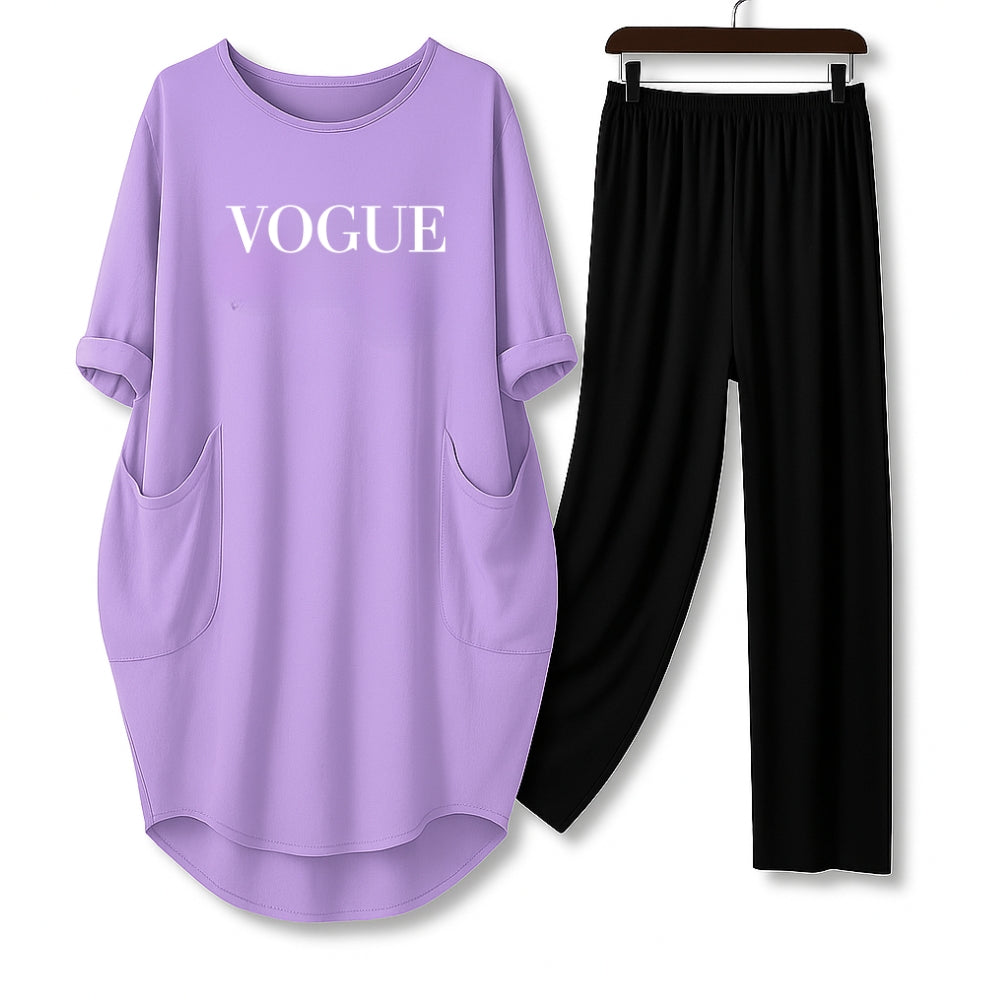 Lilac / lavender Vogue Printed Long Tee And Cotton Loose Pant